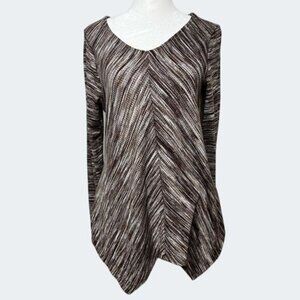Knox Rose Brown -White Striped Long-Sleeve Tunic Top With Asymmetrical Hemline M